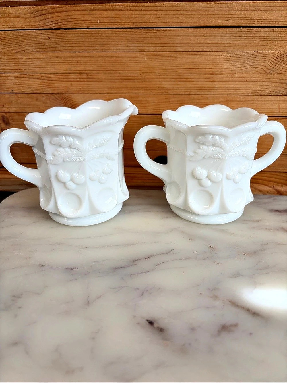 Westmoreland Cherry and Grape Milk Glass Creamer and Sugar Bowl Set of 2